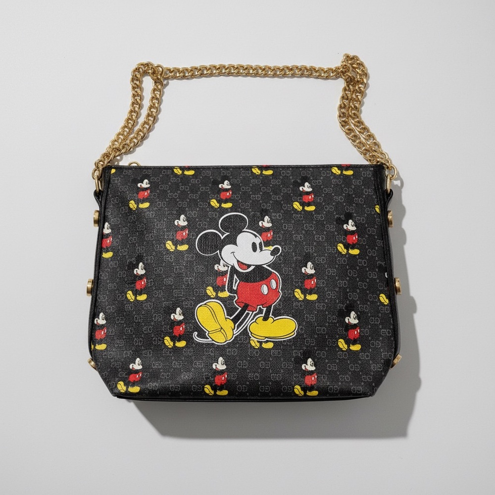 Character Print Black Crossbody Bag with Gold Chain